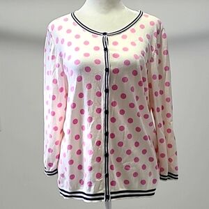 Talbots M Vintage Pink Polka dots long sleeve Sweater Cardigan Blouse coquette